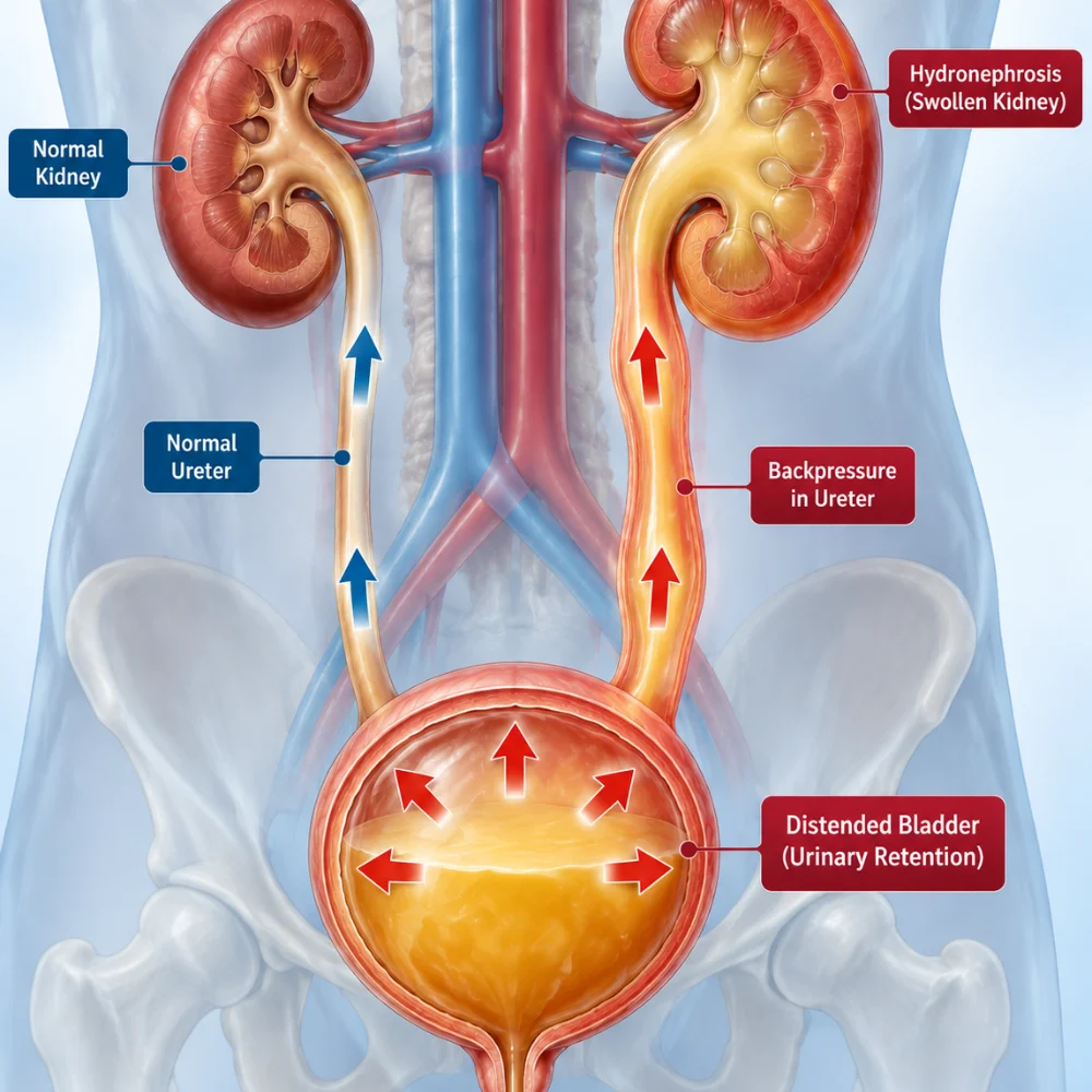 Medical Diagram of Distended Bladder, Ureter Backpressure, and Hydronephrosis (Swollen Kidney)