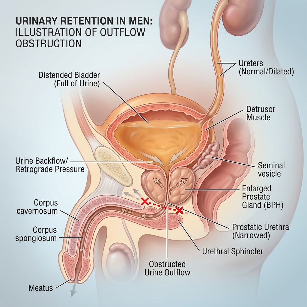Urinary Retention in Men: Diagram Illustrating Outflow Obstruction and Narrowed Prostatic Urethra