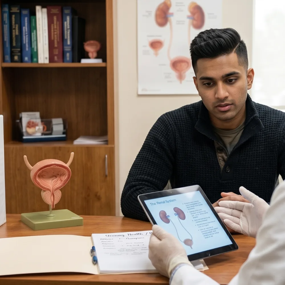 Urologist Explaining What Is Urinary Retention and the Renal System to Patient